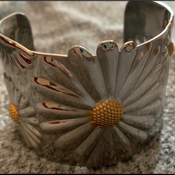 Jewelry - Daisy Bangle Cuff Bracelet Stainless Steel & Gold Two Tone